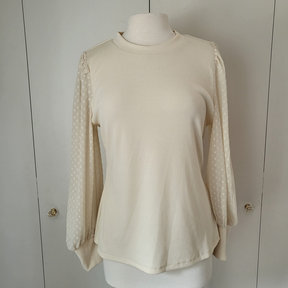 Who What Wear Beige Ribbed Top Sheer Swiss Dot Sleeves XL